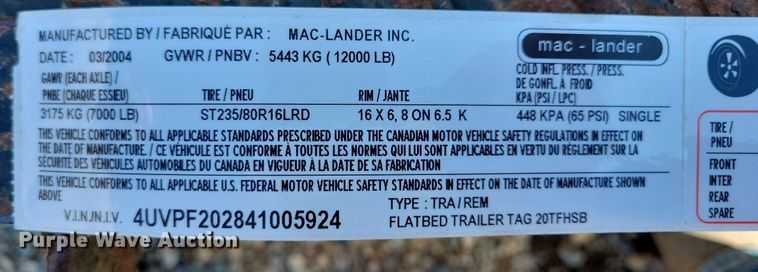 image for item DK5214 2004 Maclander 20TFHSB  equipment trailer