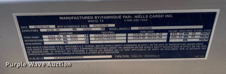 image for item DN4585 2005 Wells Cargo EW1824W  enclosed cargo trailer