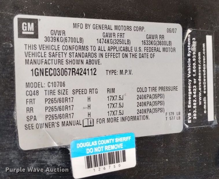 image for item DN6406 2007 Chevrolet Tahoe Police  SUV