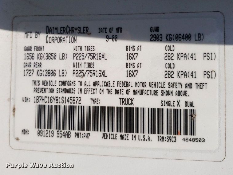 image for item DQ0510 2001 Dodge Ram 1500  pickup truck