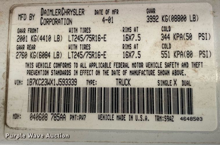 image for item KV9621 2001 Dodge Ram 2500  Quad Cab flatbed truck