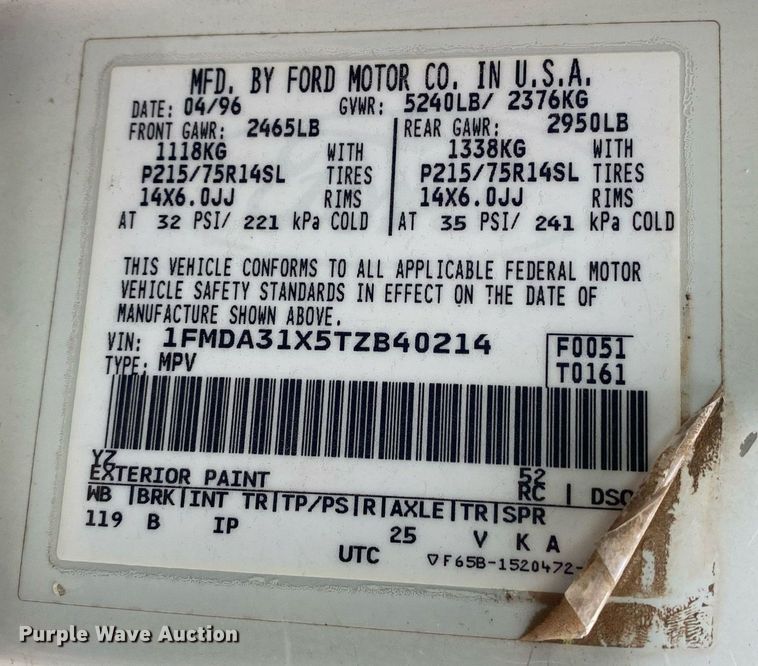 image for item KV9625 1996 Ford Aerostar XLT  van