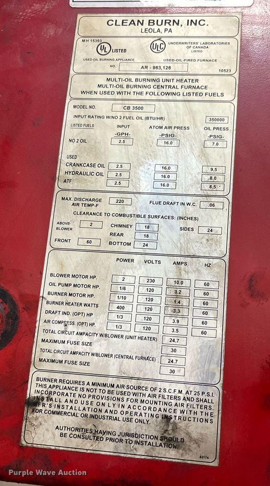 image for item LA9884 Clean Burn CB-3500  oil burner