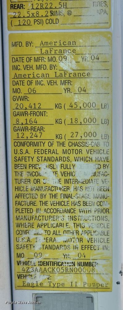 image for item LI9585 2005 American LaFrance Eagle  pumper fire truck