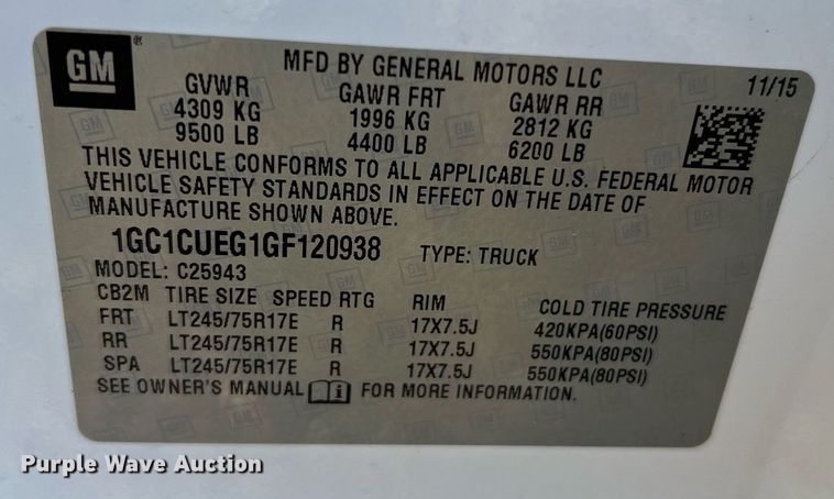 image for item LI9594 2016 Chevrolet Silverado 2500HD  Crew Cab pickup truck