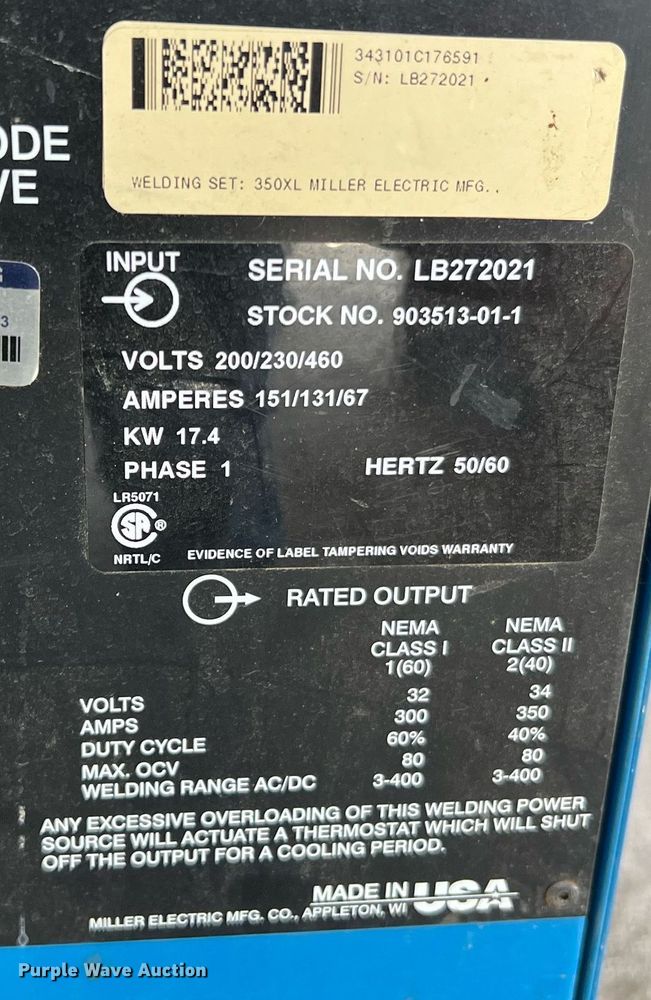 image for item LI9617 Miller Syncrowave 350LX  welder/generator