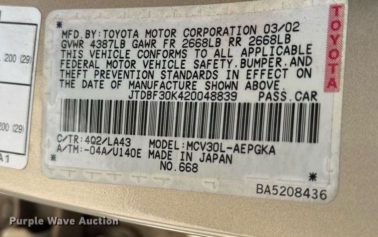 image for item LR9683 2002 Toyota Camry LXS