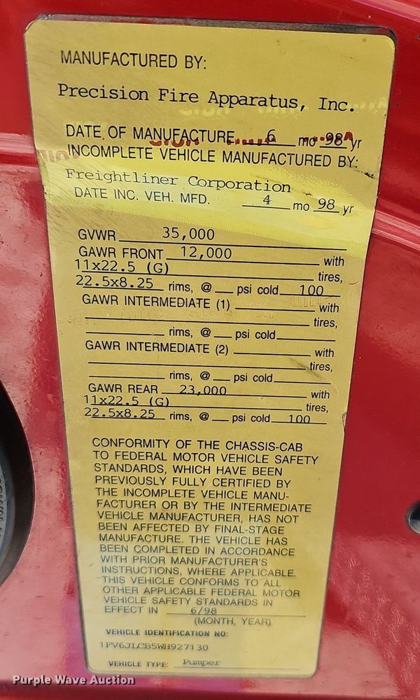 image for item MB9970 1998 Freightliner FL80  pumper fire truck