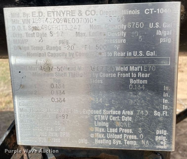 image for item MS9593 1998 Etnyre T3766  tank trailer