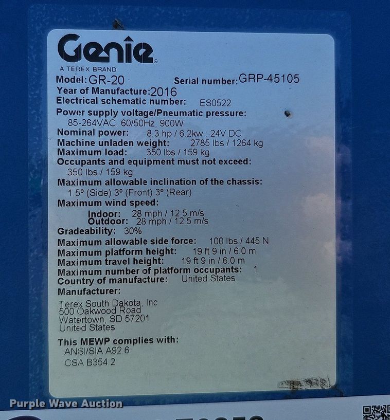 image for item LE9352 2016 Genie GR-20  vertical lift