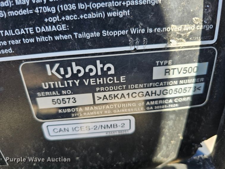 image for item LE9356 2018 Kubota RTV500  utility vehicle