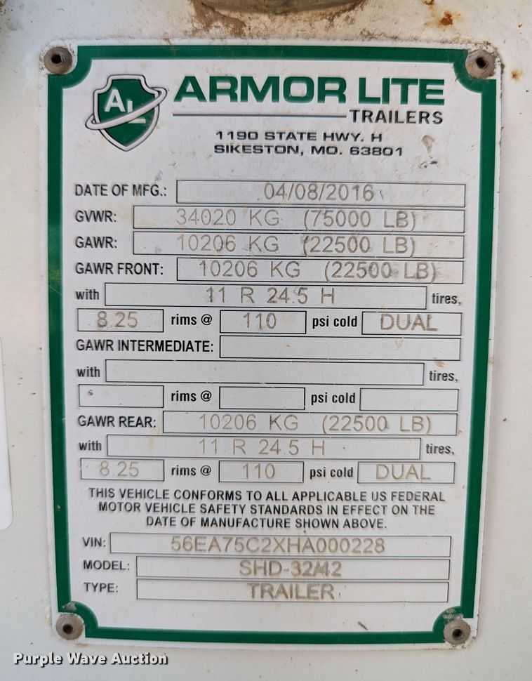 image for item DR6941 2017 Armor Lite SHD-32/42  end dump trailer