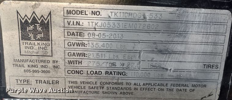 image for item DR8168 2014 Trail King TK110HDG-533  lowboy equipment trailer