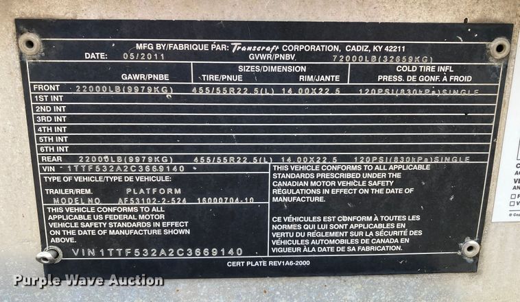 image for item HN9855 2012 Transcraft Benson AF53102-2-524  flatbed trailer