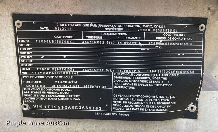 image for item HN9856 2012 Transcraft Benson AF53102-2-524  flatbed trailer