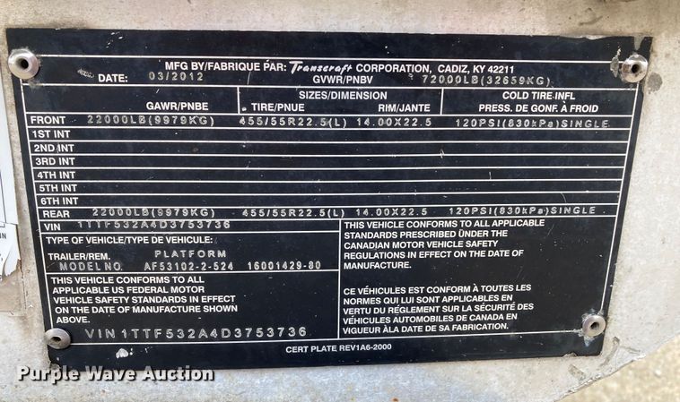 image for item HN9857 2013 Transcraft Benson AF53102-2-524  flatbed trailer