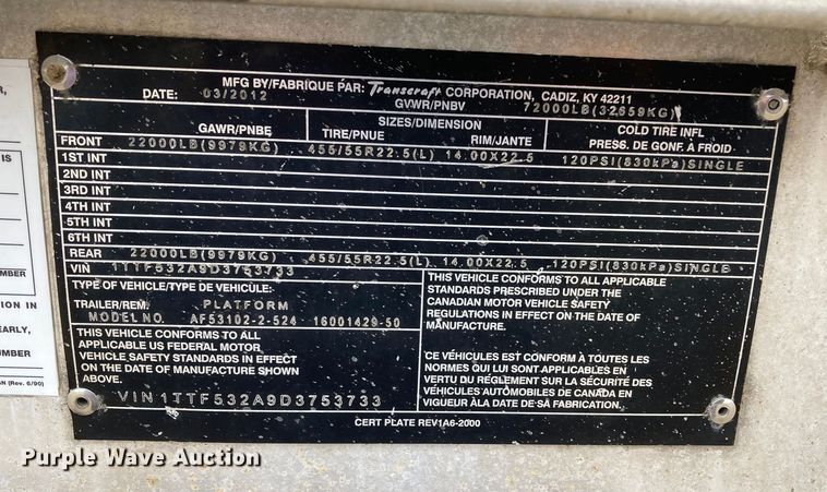 image for item HN9858 2013 Transcraft Benson AF53102-2-524  flatbed trailer