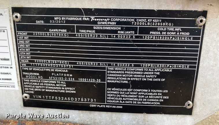 image for item HN9859 2013 Transcraft Benson AF53102-2-524  flatbed trailer