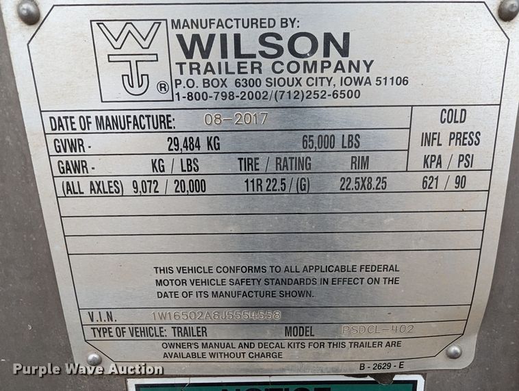 image for item LF9558 2018 Wilson PSDCL-402  livestock trailer