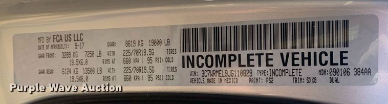 image for item LH9569 2018 Dodge Ram 5500  truck cab and chassis