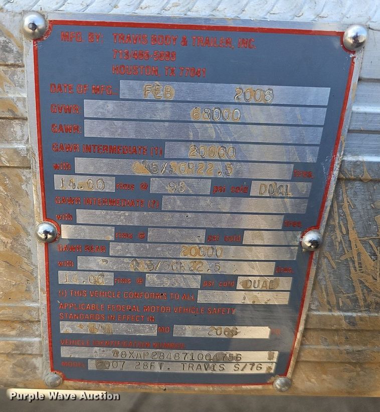 image for item MB9985 2007 Travis 28FT TRAVIS S/76 walking floor trailer