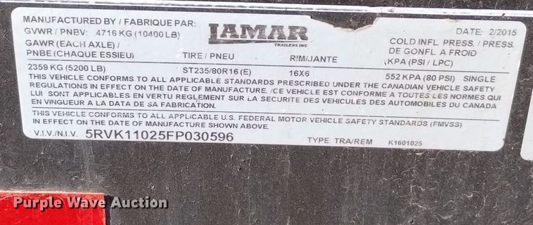 image for item DN6359 2015 Lamar K1-6010  fuel trailer