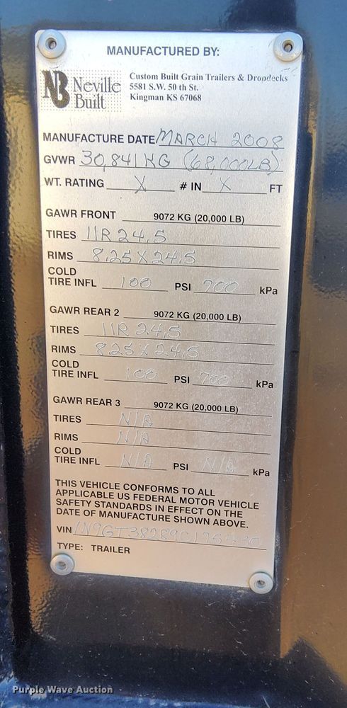 image for item DN6380 2009 Neville Built  grain trailer