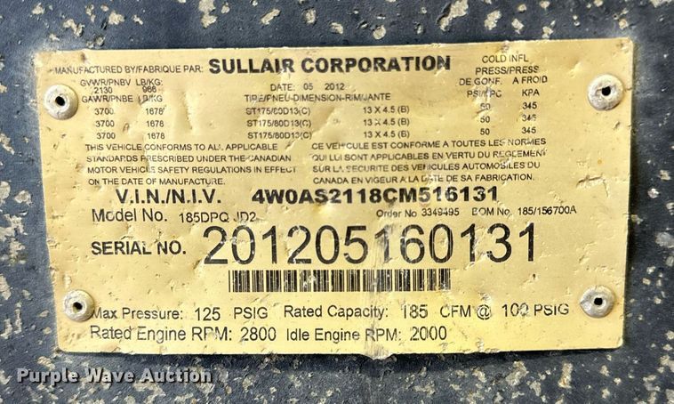 image for item KX9152 2012 Sullair 185  air compressor