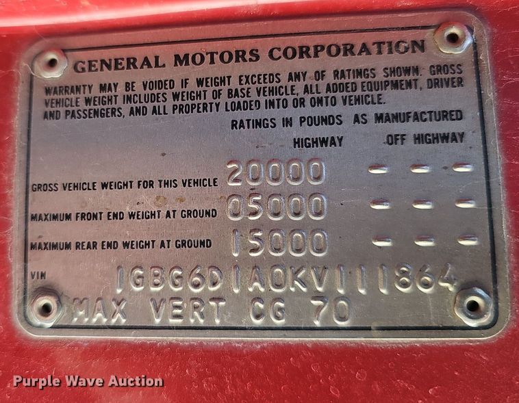 image for item DO4366 1989 Chevrolet C60 Custom Deluxe  fire truck