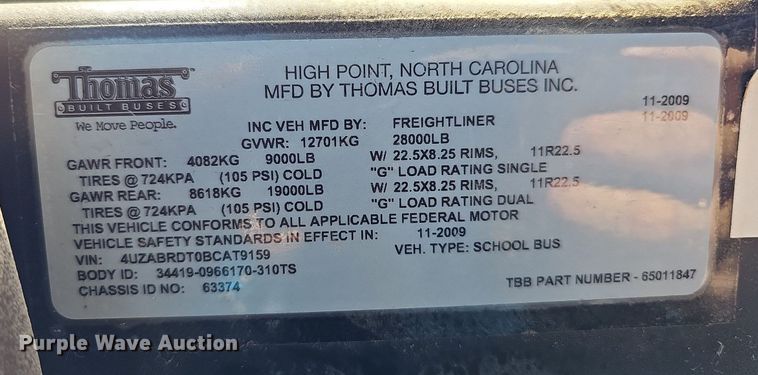 image for item DO4379 2011 Thomas Built Saf-T-Liner C2  school bus