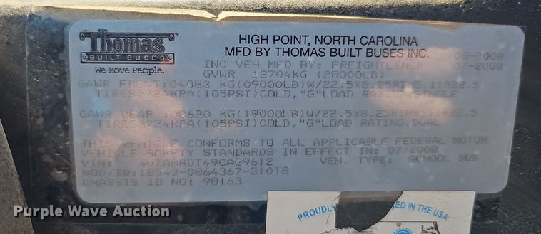 image for item DO4380 2009 Thomas Built Saf-T-Liner C2  school bus