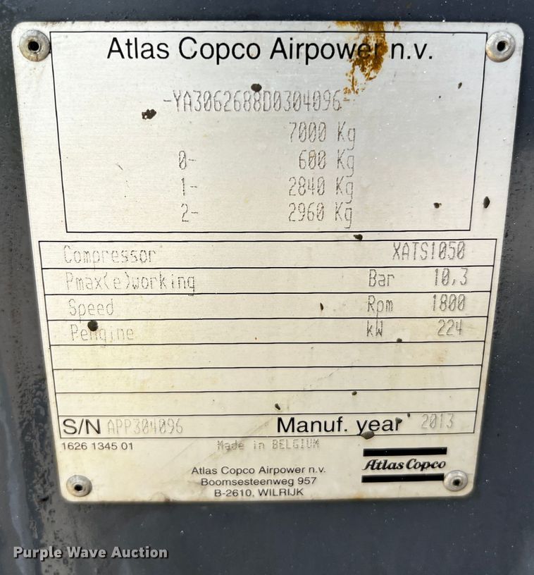 image for item DQ2038 2013 Atlas Copco XATS1050  air compressor