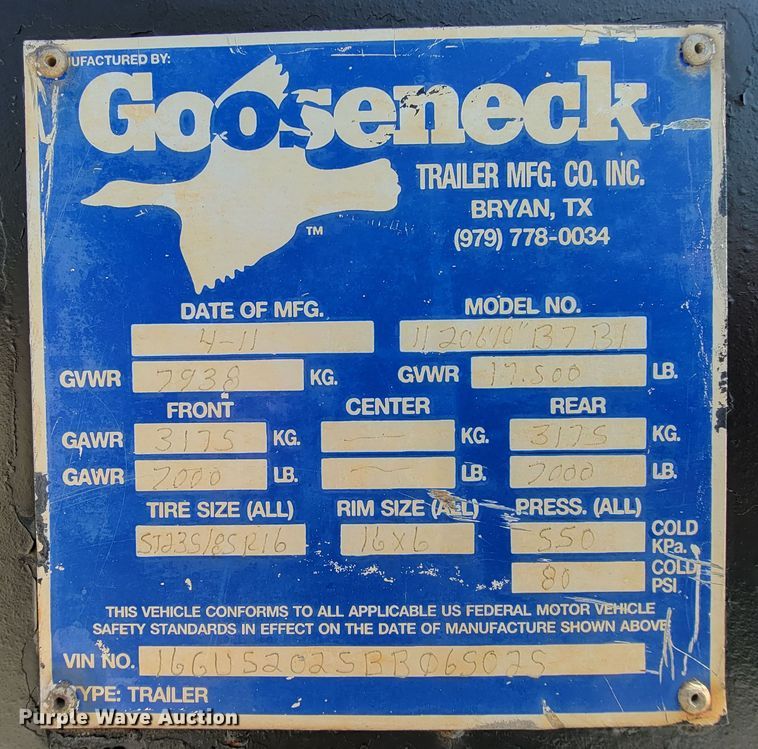 image for item HP9743 2011 Gooseneck  equipment trailer