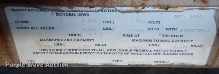 image for item JO9081 2001 Demco Kar Kaddy KK2608B  car dolly