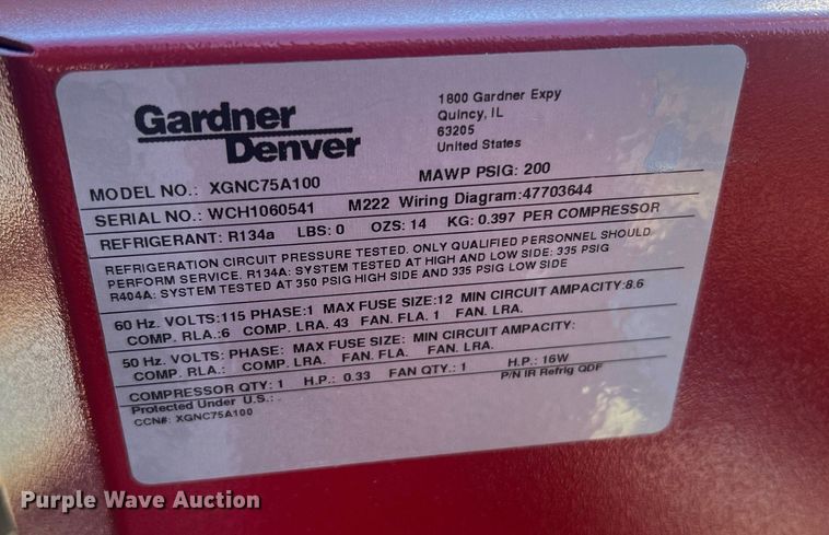 image for item LI9649 Gardner Denver XGNC75A100  refrigerated compressed  air dryer