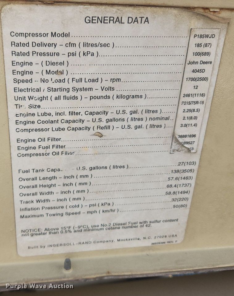 image for item MW9691 1999 Ingersoll Rand P185WJD  air compressor