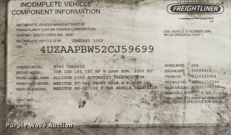 image for item MW9707 2002 Freightliner MT45  delivery van