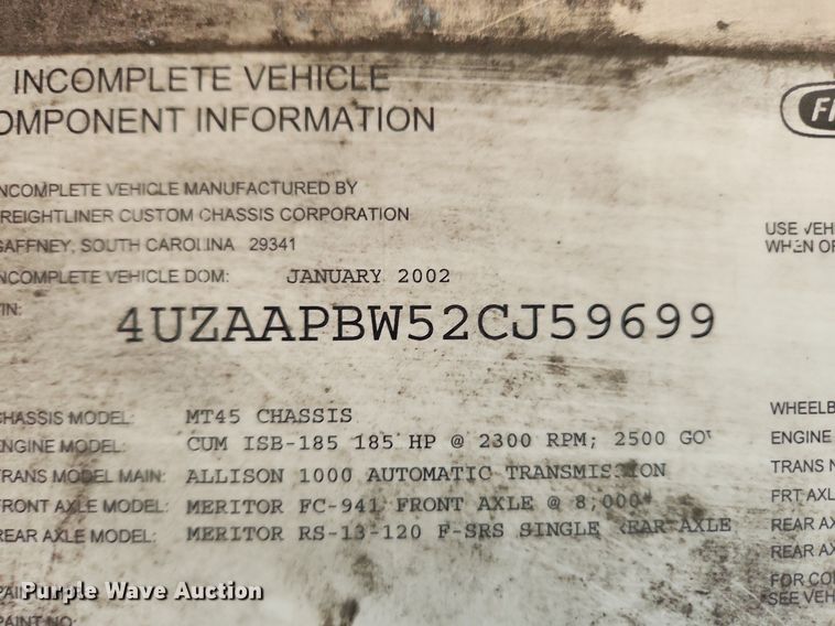 image for item MW9707 2002 Freightliner MT45  delivery van