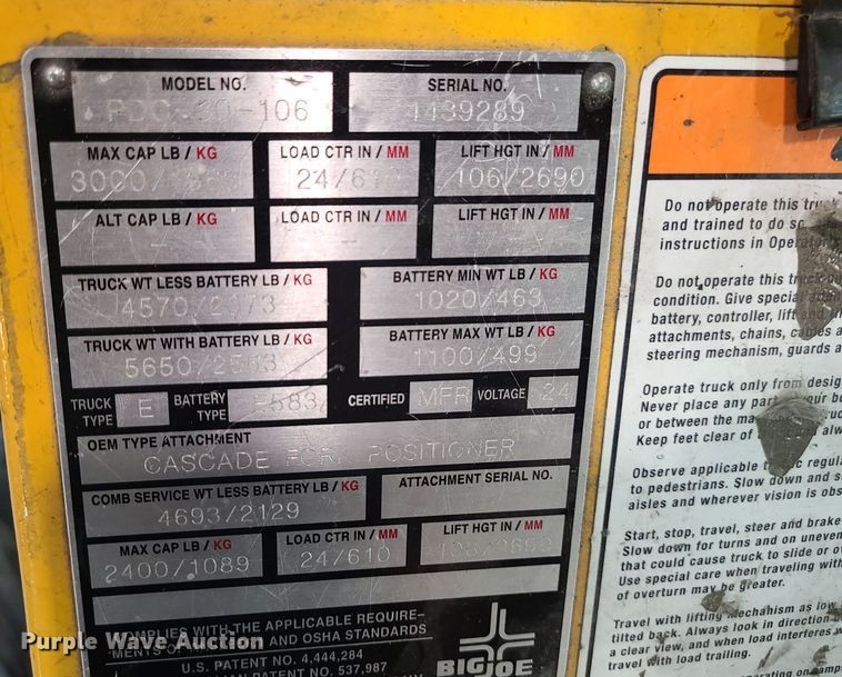 image for item MX9673 Big Joe PDC-30-106  forklift