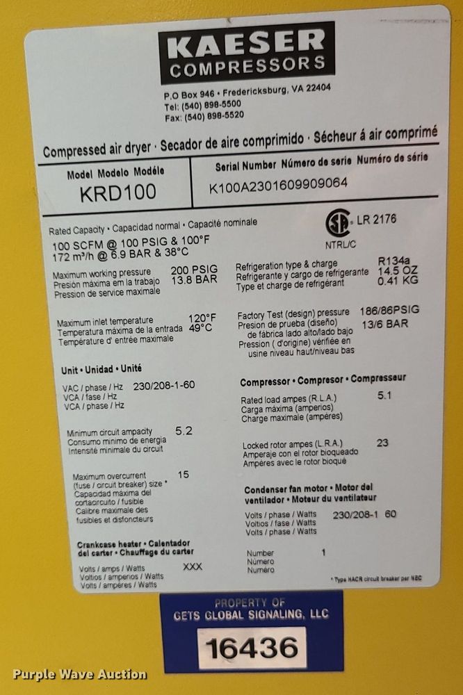 image for item MX9679 Kaeser KRD100  air dryer