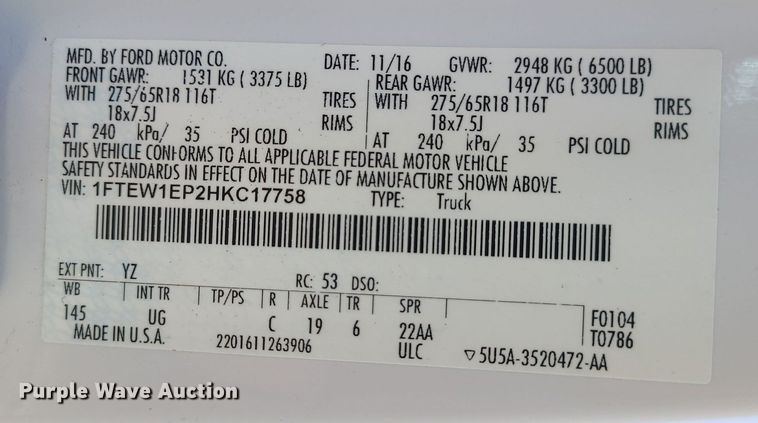 image for item MX9732 2017 Ford F150  SuperCrew pickup truck