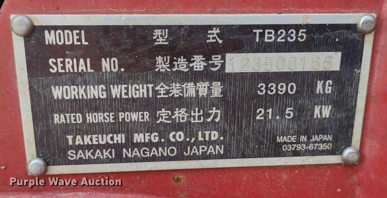 image for item DQ1701 2008 Takeuchi TB235  mini excavator