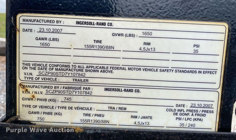 image for item KB9508 2007 Ingersoll Rand P90  air compressor