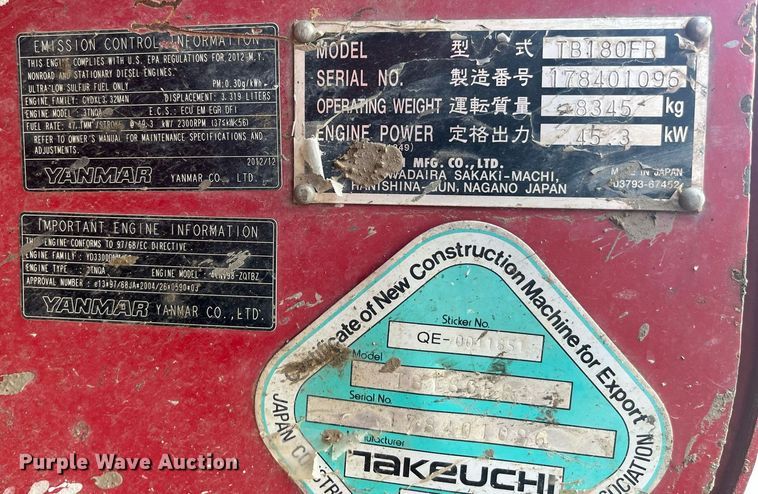 image for item LA9924 2013 Takeuchi TB180FR  mini excavator