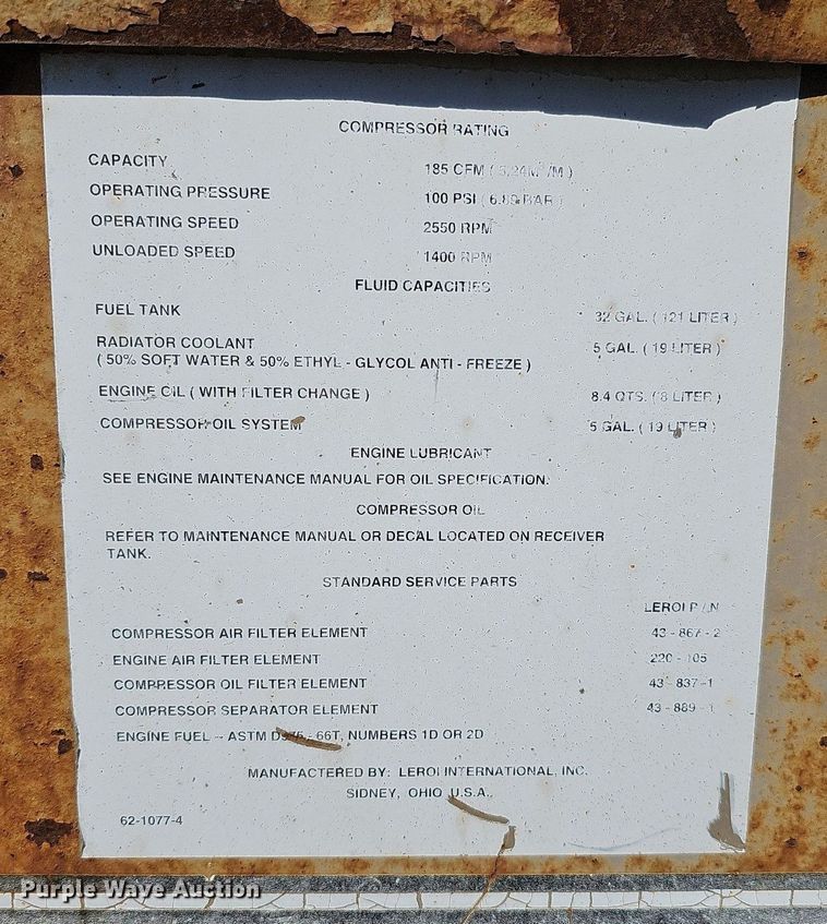 image for item LE9343 1993 LeRoi International 185  air compressor