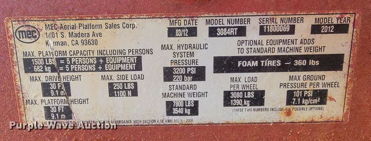 image for item ML9301 2012 Mec 3084RT  scissor lift