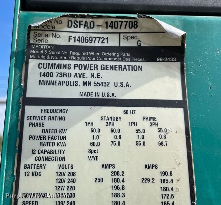 image for item MM9496 Cummins DSFAD-1407708  generator
