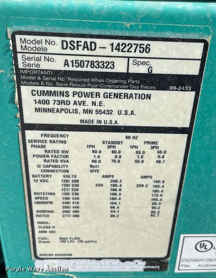 image for item MM9497 Cummins DSFAD-1422756  generator