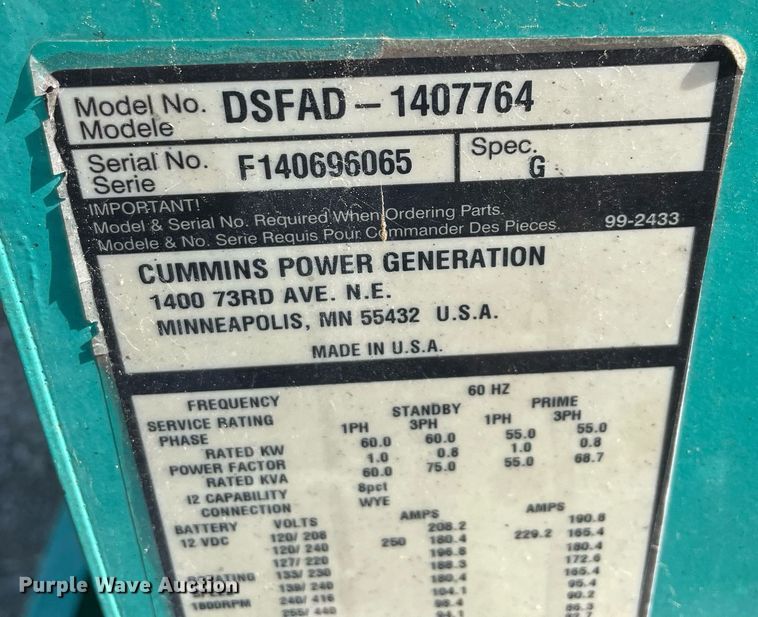 image for item MM9498 Cummins DSFAD-1407764  generator