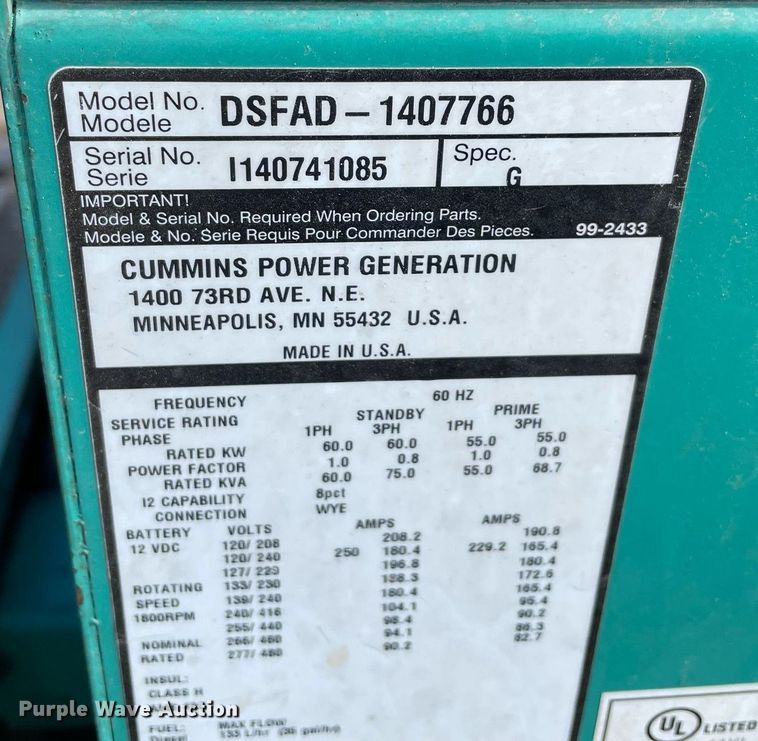 image for item MM9499 Cummins DSFAD-1407764  generator